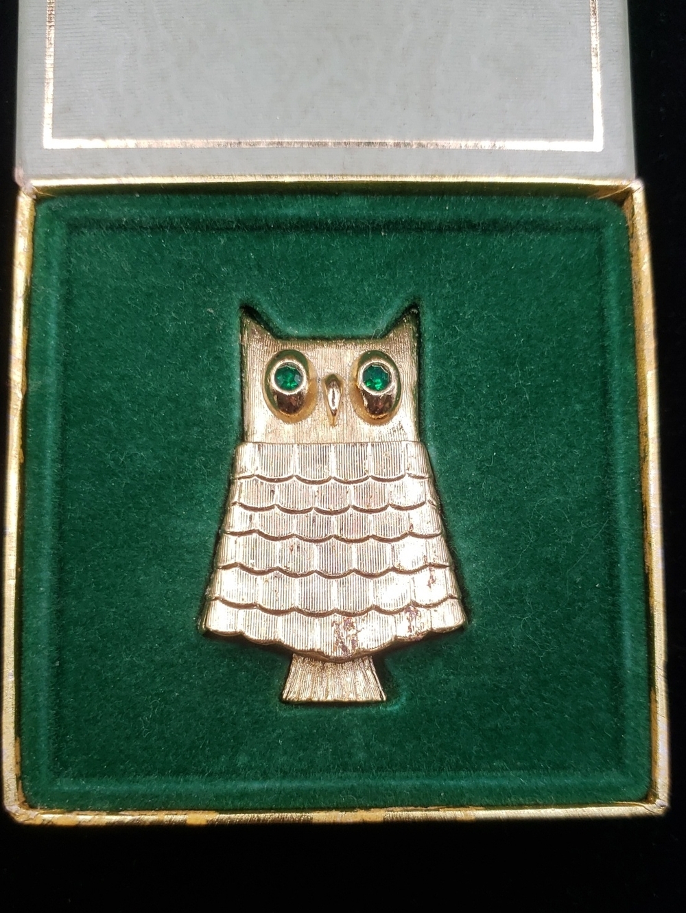 Avon Vintage 1960s Gold Owl Solid Perfume Brooch w/ Green Rhinestone Eyes